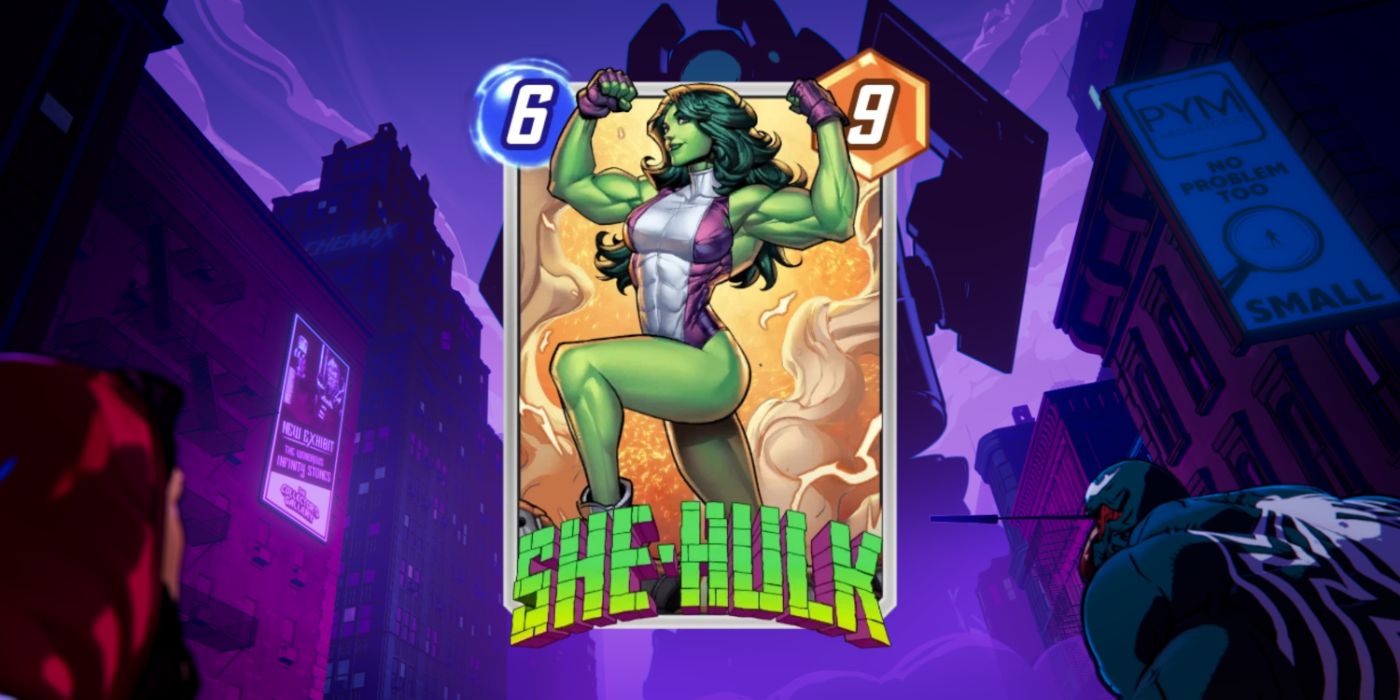 O cartão de She-Hulk em um fundo promocional no Marvel Snap