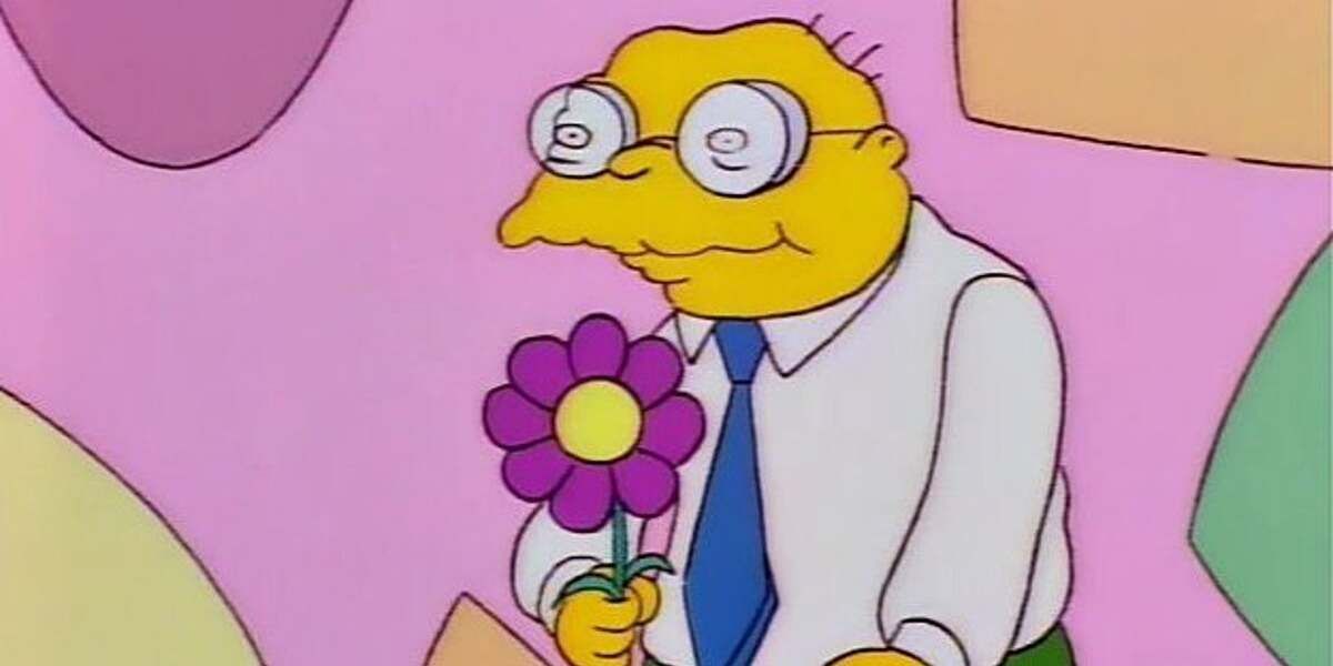 The Simpsons' Hans Moleman holds a flower on a Dating Game-style set