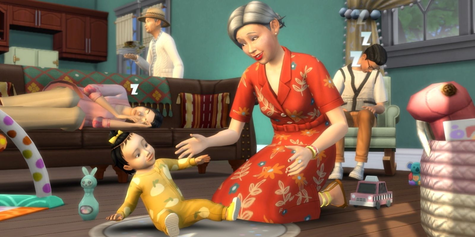 An elder Sim caring for an infant who is learning to sit up