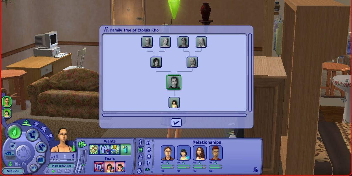 Um personagem vendo sua árvore genealógica no The Sims