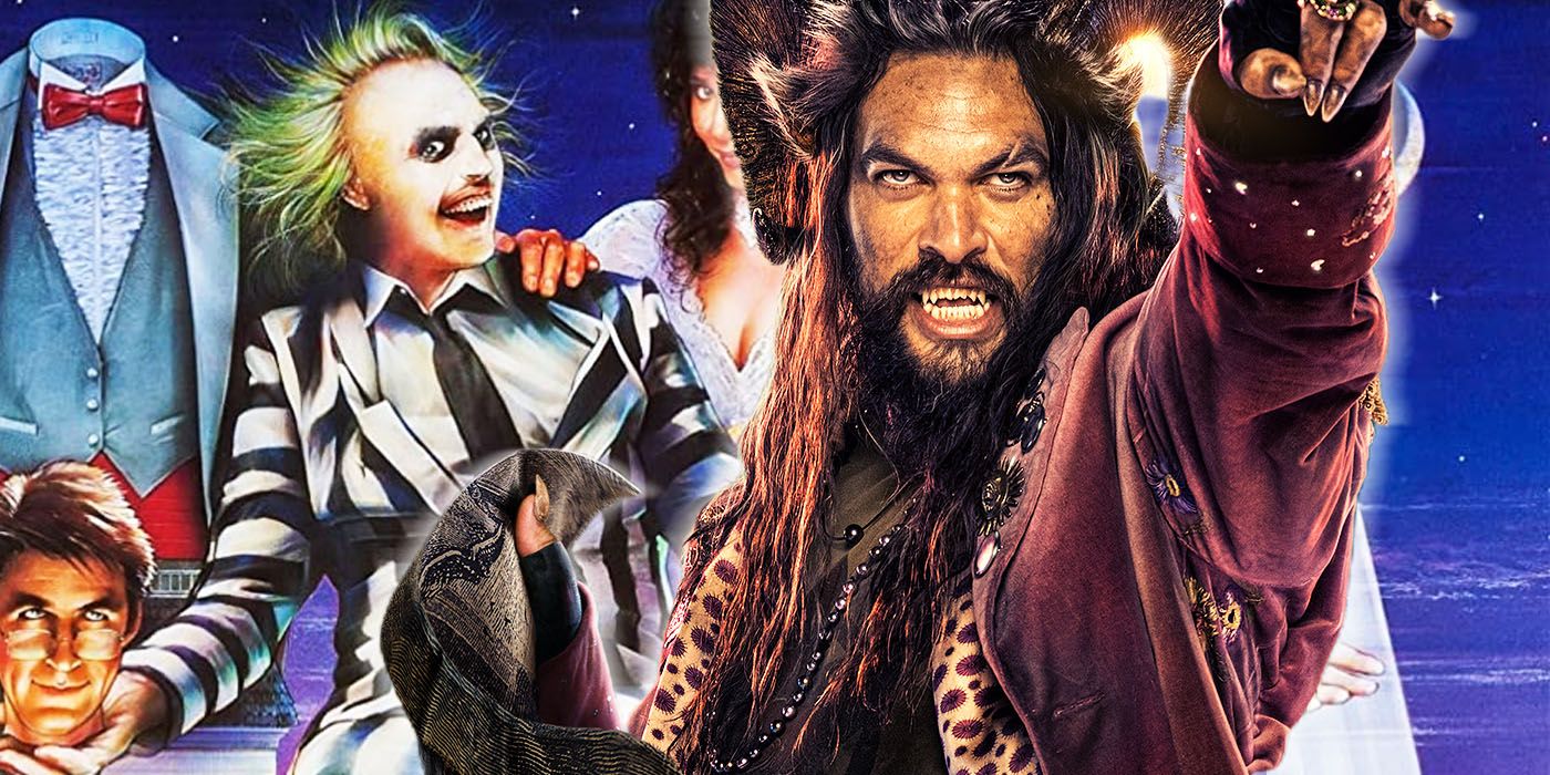 Jason Momoa on Slumberland in front of the poster for Beetlejuice