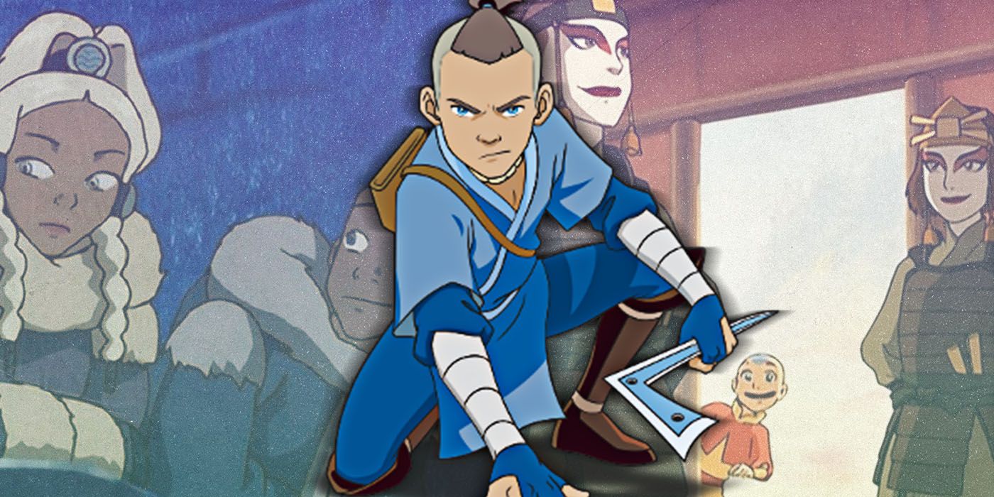 Sokka com Yue e Suki vestidas como uma guerreira Kyoshi de Avatar, o Último Mestre do Ar