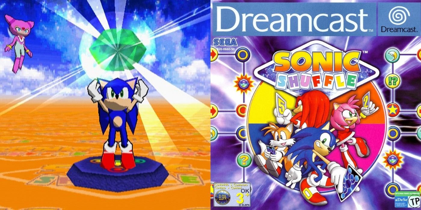 Sonic segura uma esmeralda do caos acima de sua cabeça em Sonic Shuffle.