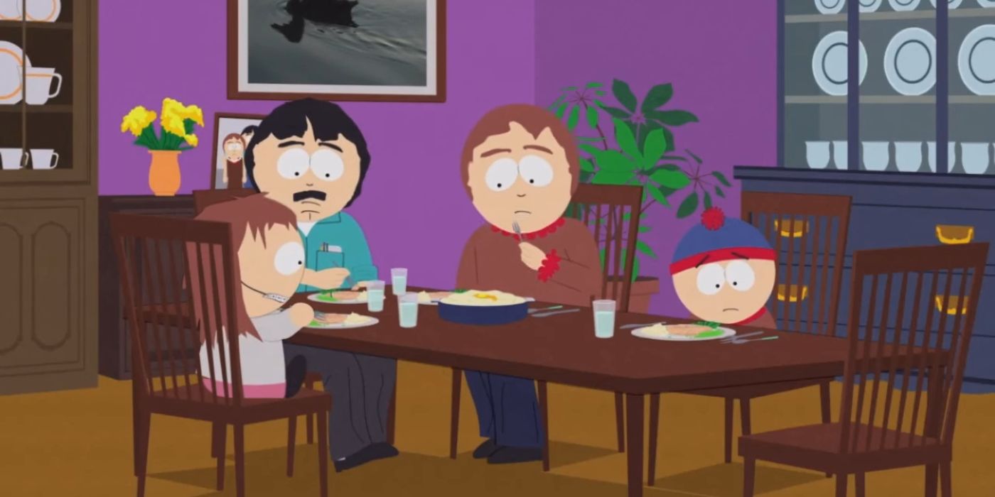 Stan janta com sua família na mesa da sala de jantar, mas todos parecem sombrios em South Park.