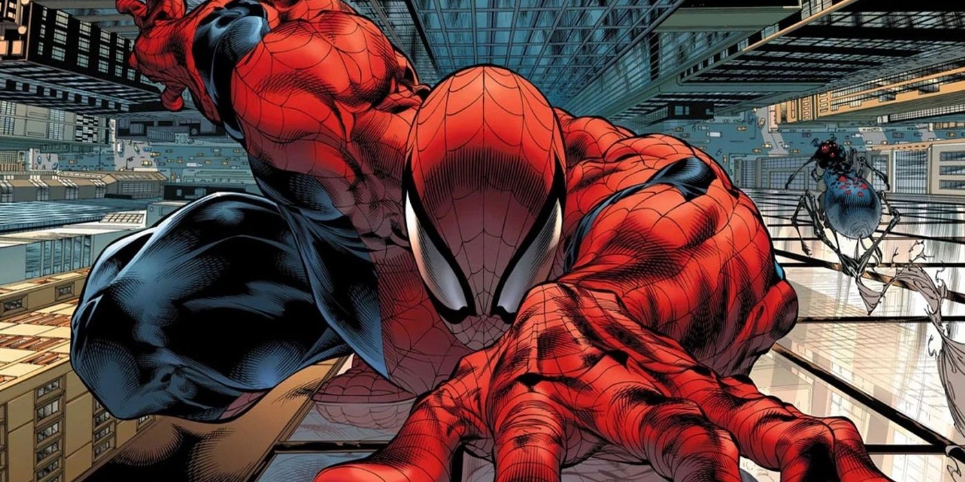 Spider-Man crawling up a building in the comics