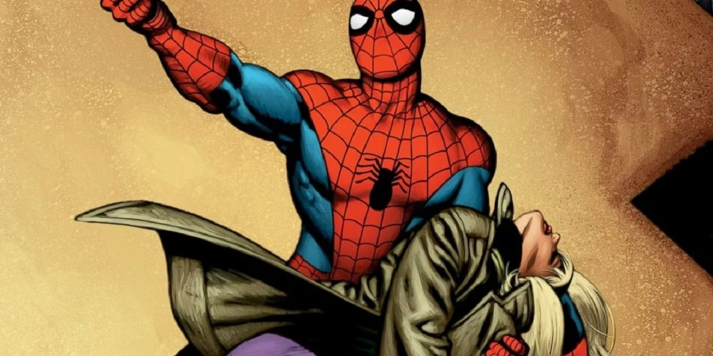 Spider-Man mourns the death of Gwen Stacy while holding her lifeless body