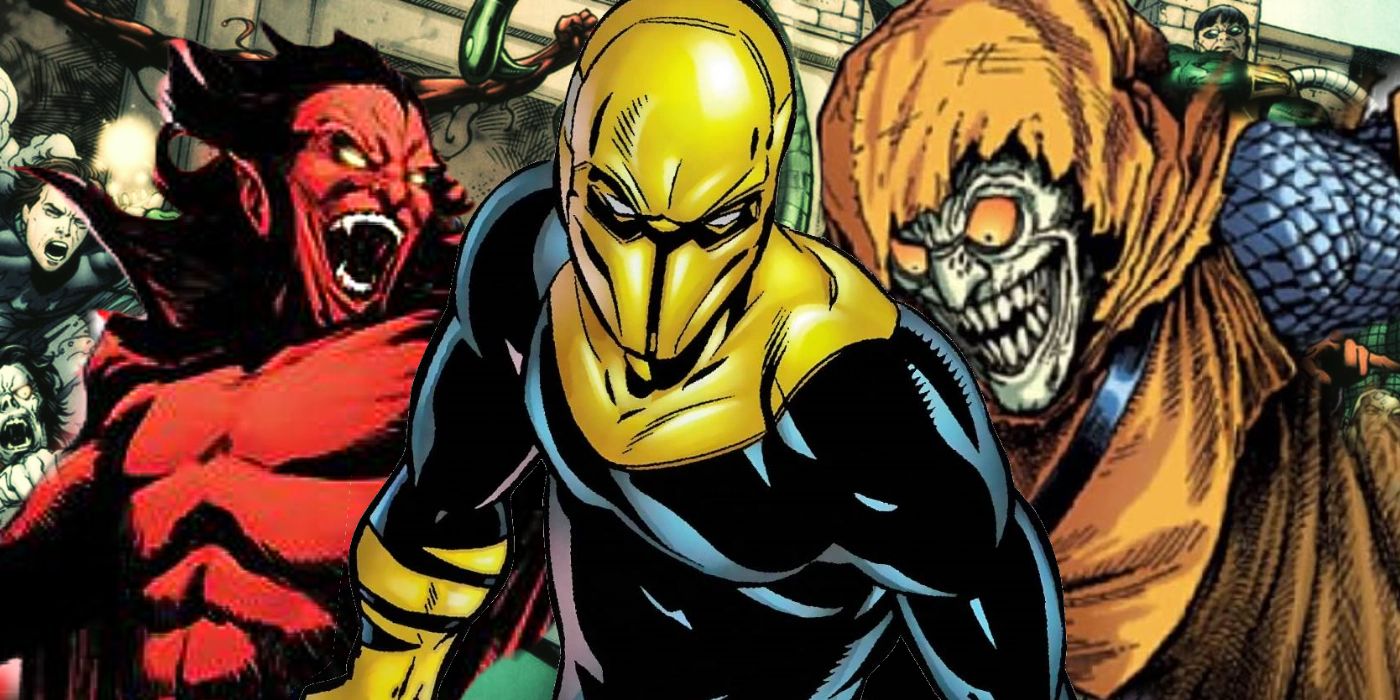 Mephisto, Fusion, and Hobgoblin overlayed on Spider-Man comic book villains