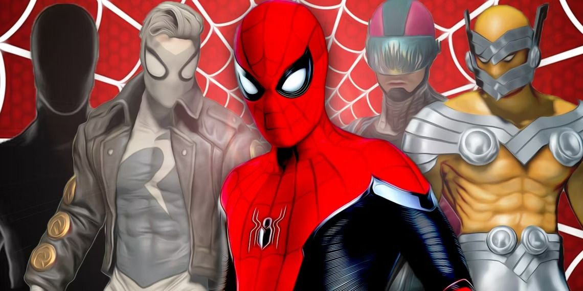Spider-Man surrounded by his alternate superhero identities during Identity Crisis