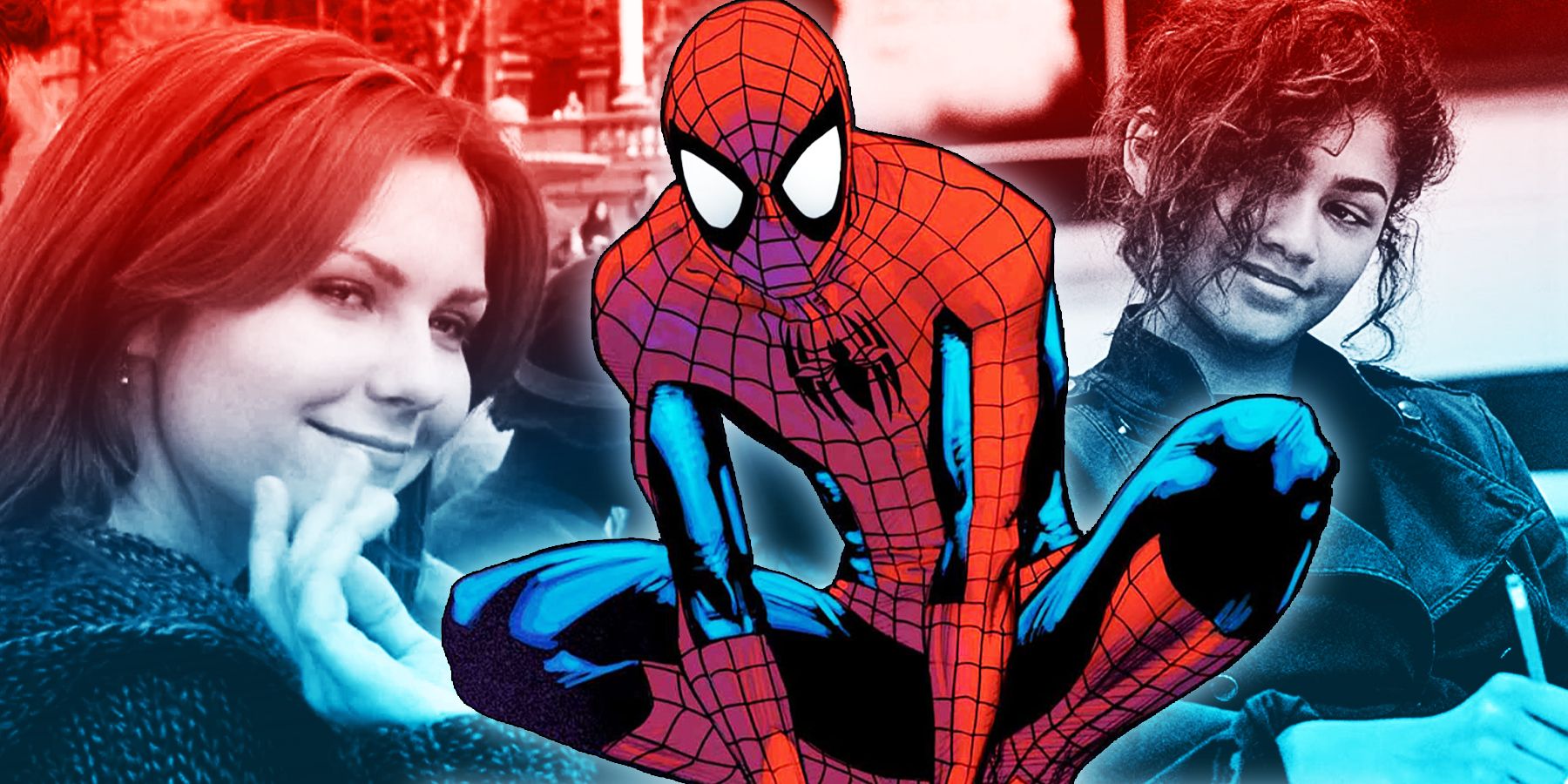 Marvel Comics' Spider-Man in front of Kirsten Dunst's Mary Jane Watson and Zendaya's Michelle Jones.