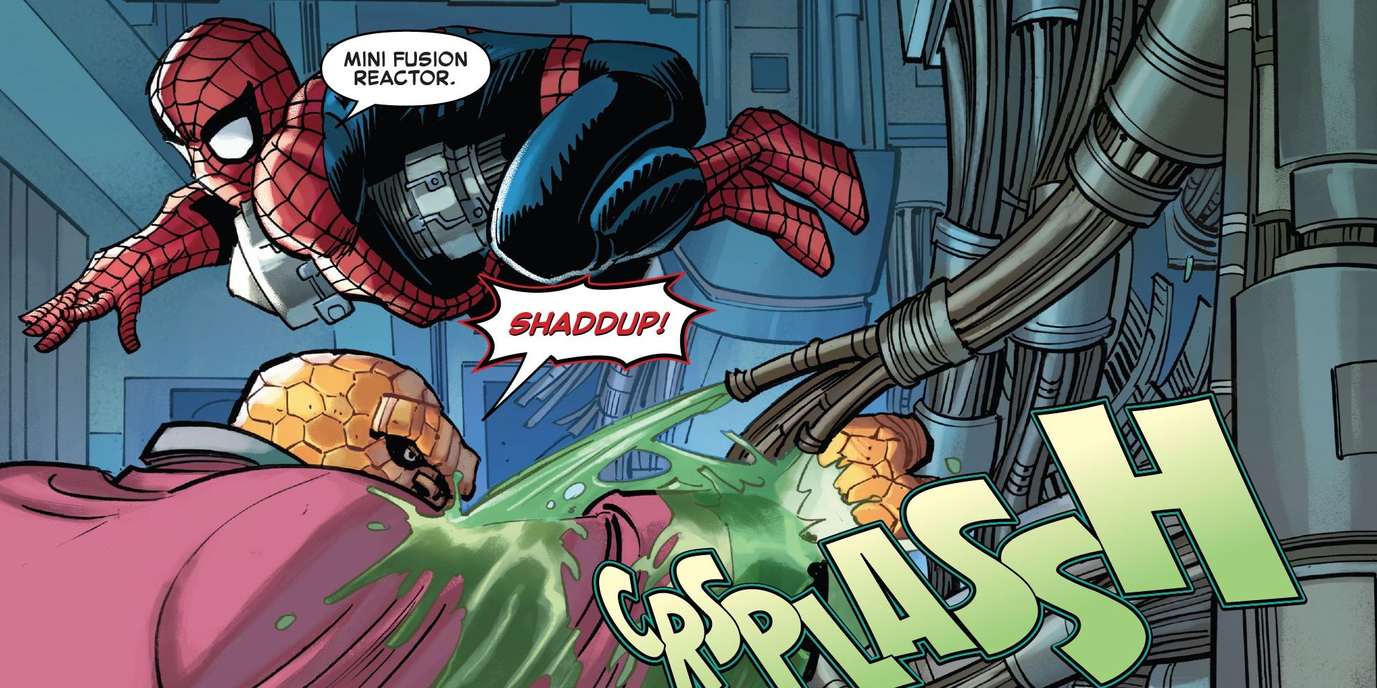 Homem-Aranha fugindo de Benjamin Grimm em The Amazing Spider-Man #24