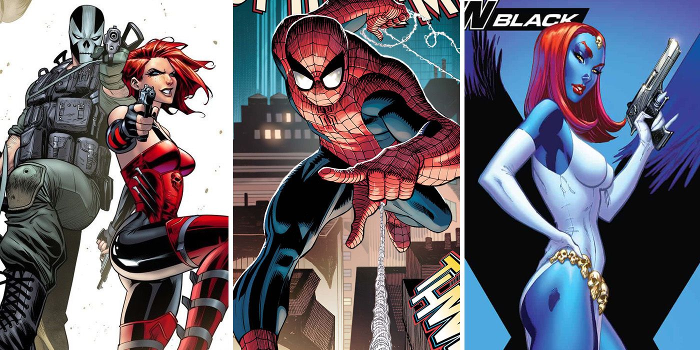 split image of Sin, Crossbones, and Mystique with guns and Spider-Man swinging in Marvel Comics