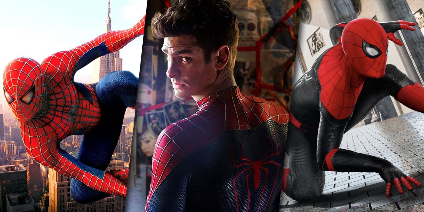 Split image featuring all three live-action versions of Spider-Man