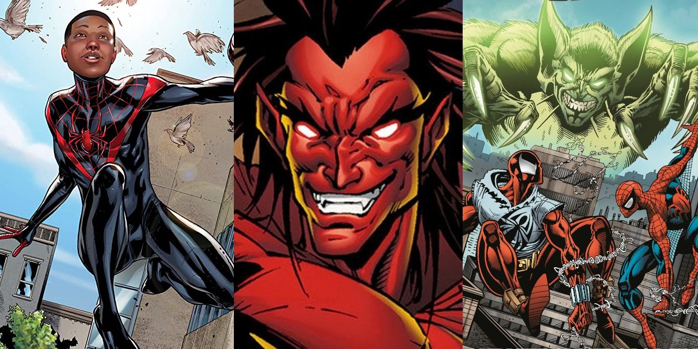 Split Image Miles Morales, Mephisto, and Scarlet Spider vs Spider-Man in Clone Saga