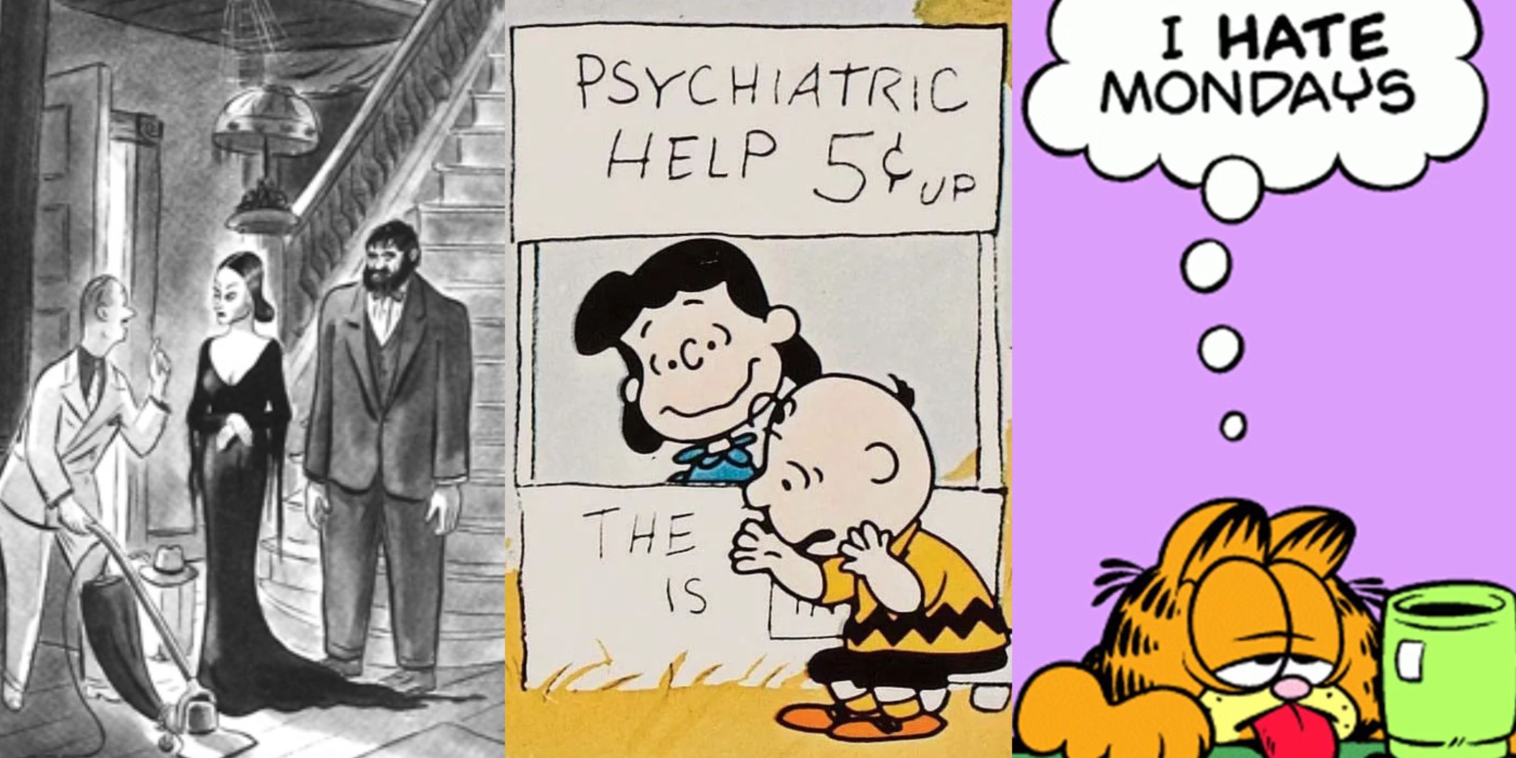 Split image of Addams family, Peanuts and Garfield comic strips
