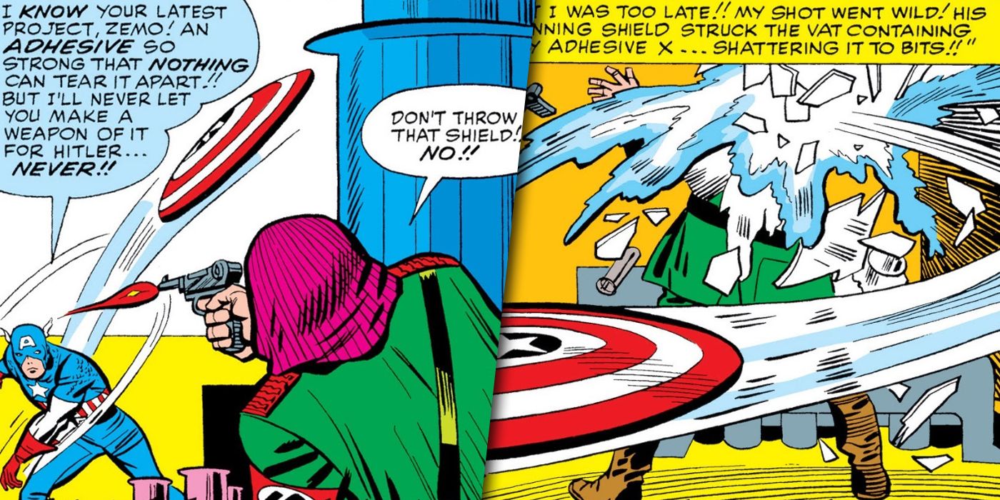 Image fractionnée du baron Heinrich Zemo combattant Captain America et Zemo se faisant couvrir d'adhésif X
