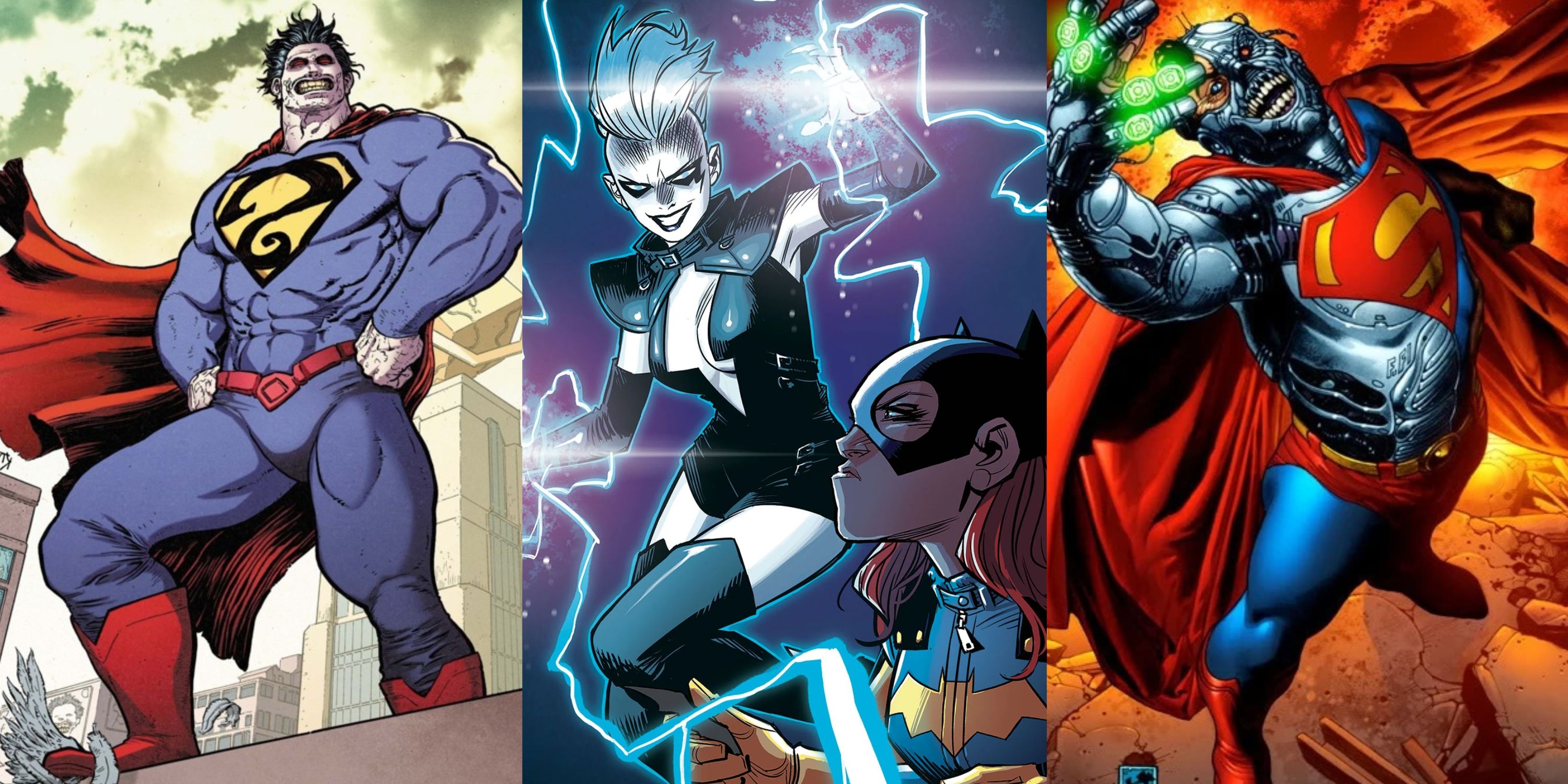 Split image of Bizarro, Livewire and Cyborg Superman in DC Comics
