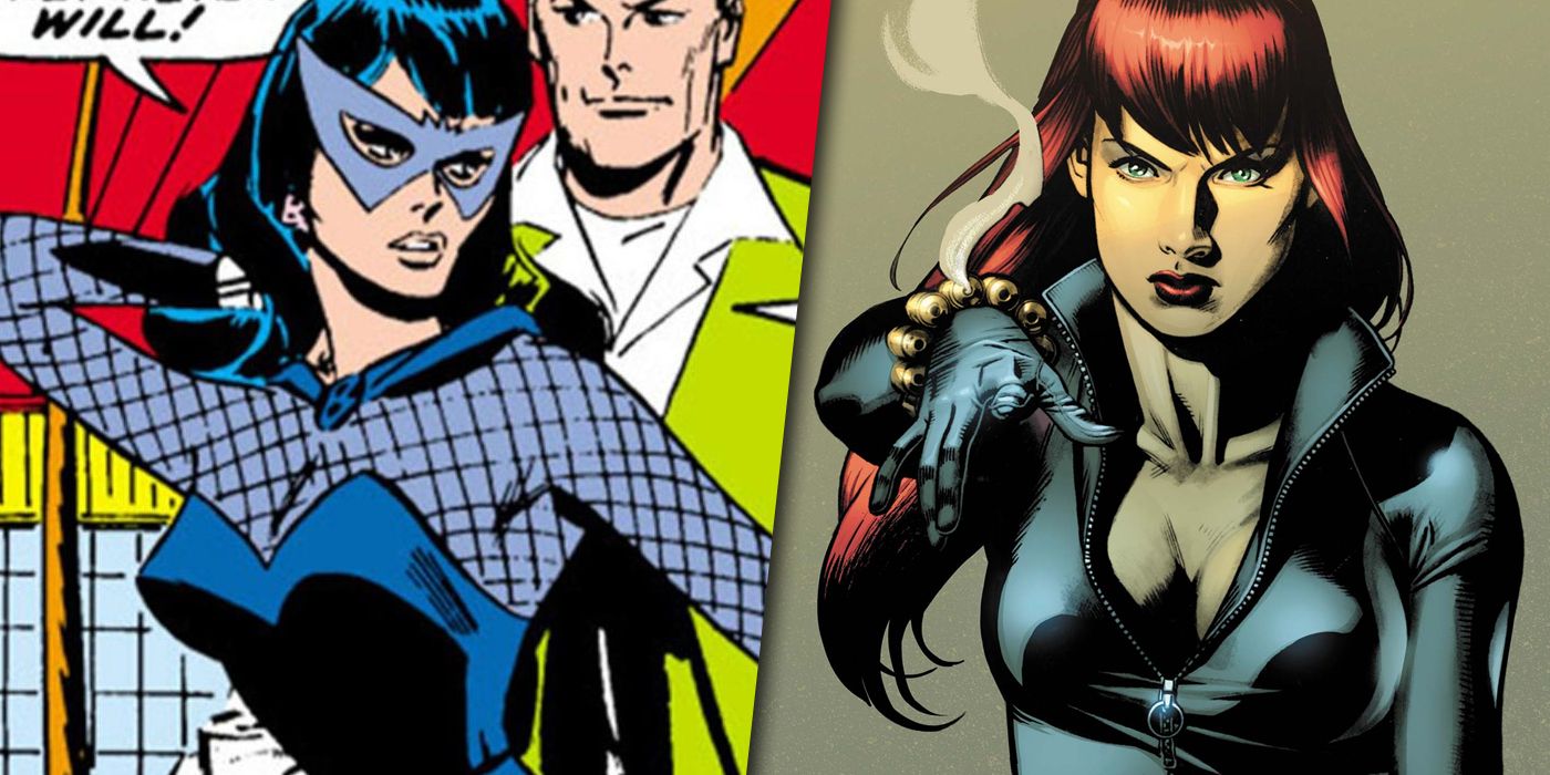 Split image of Black Widow in her original and redesigned costumes