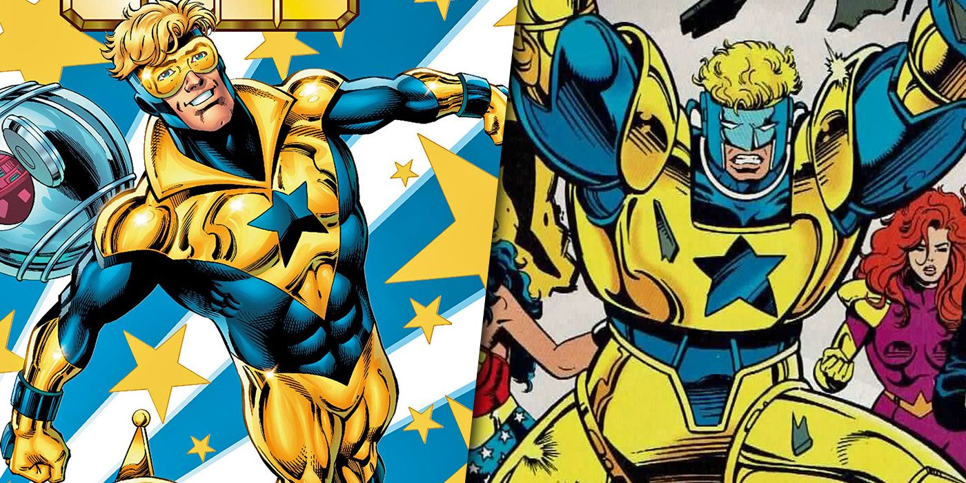 Split image of Booster Gold in his original suit and his armored redesign