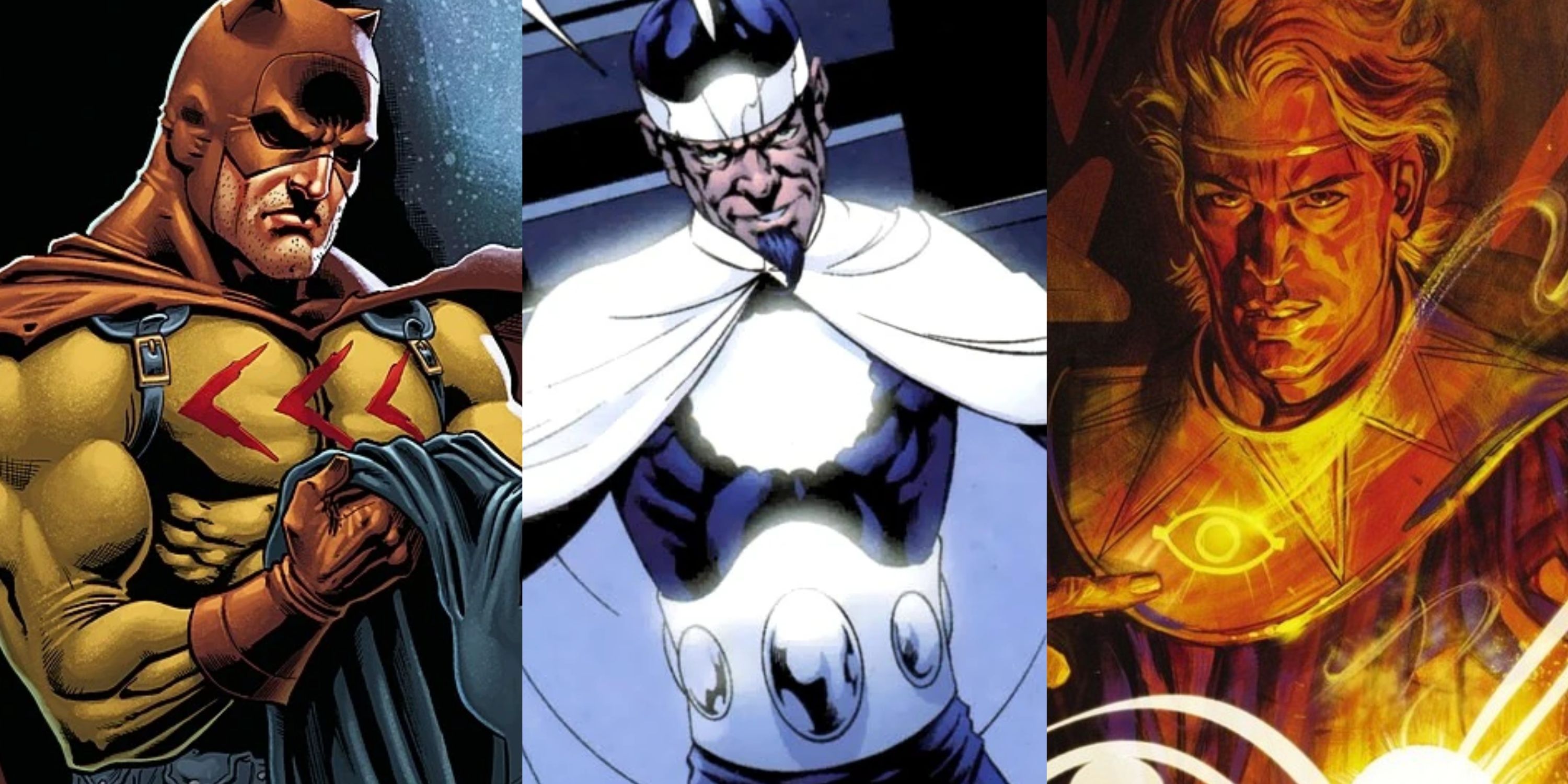 Split image of Catman, Doctor Light and Ozymandias DC feature