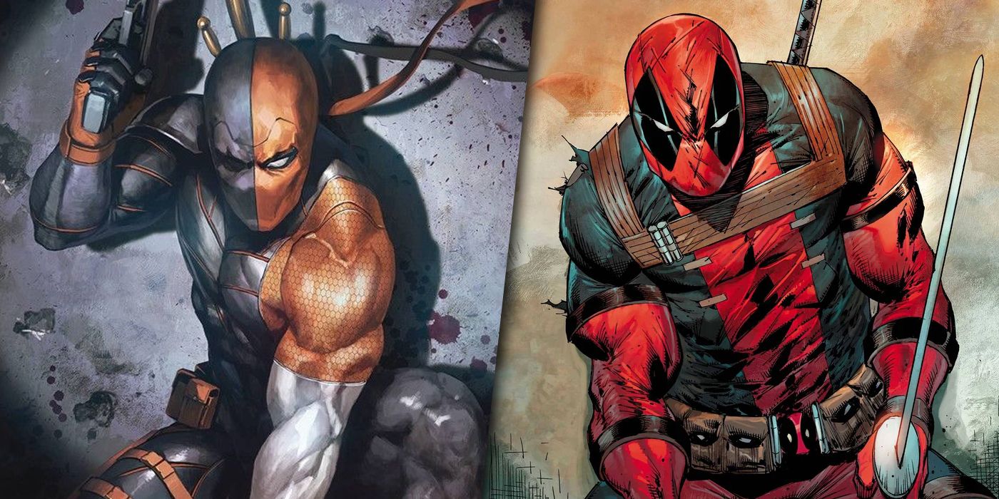 Imagem dividida de Deathstroke da DC e Deadpool da Marvel