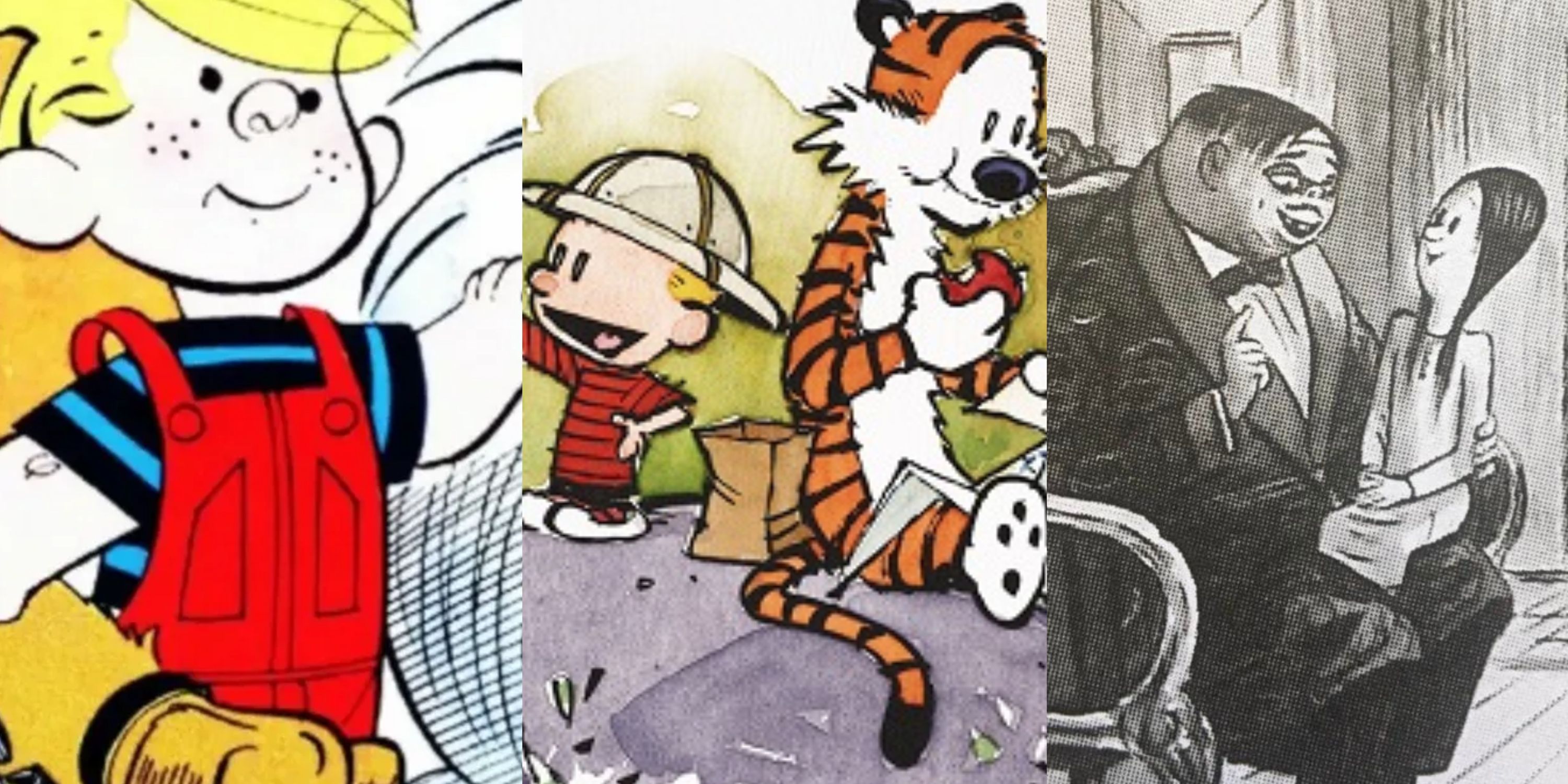 Split image of Dennis, Calvin and Hobbes and the Addams family in comic strips