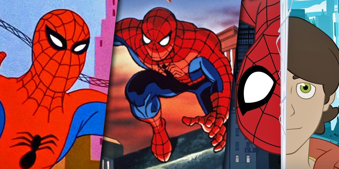 Split image of different animated versions of Spider-Man