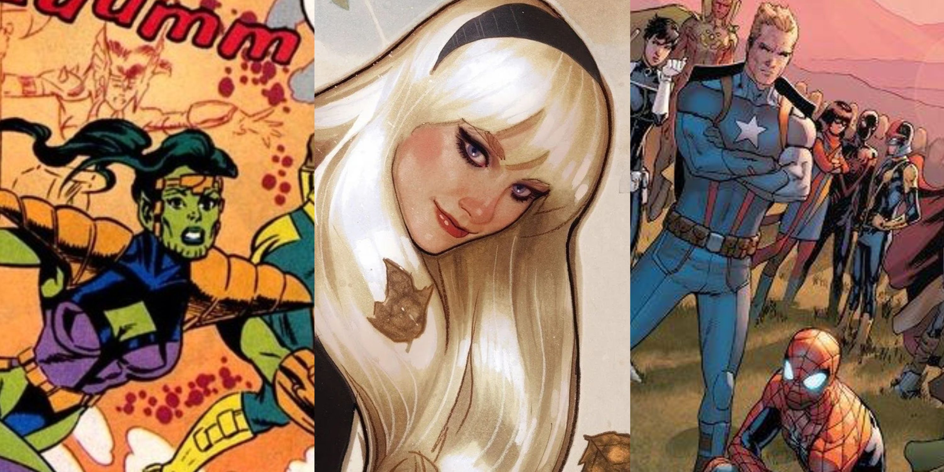 Split image of Fantastic Force, Gwen Stacy and Avengers in Civil War II in Marvel Comics