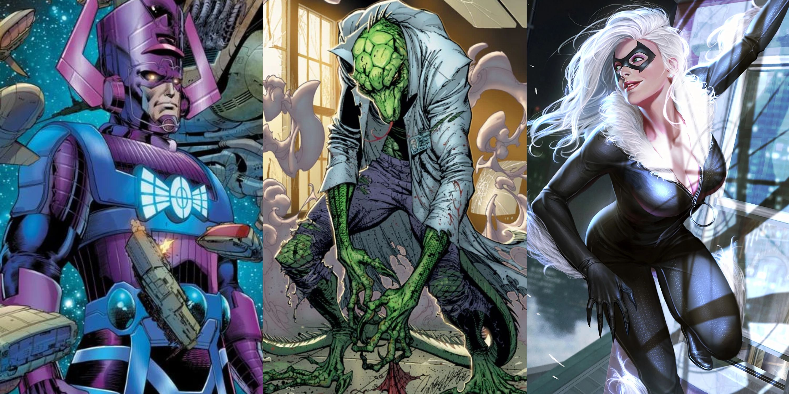 Split image of Galactus, Lizard and Black Cat from Marvel Comics