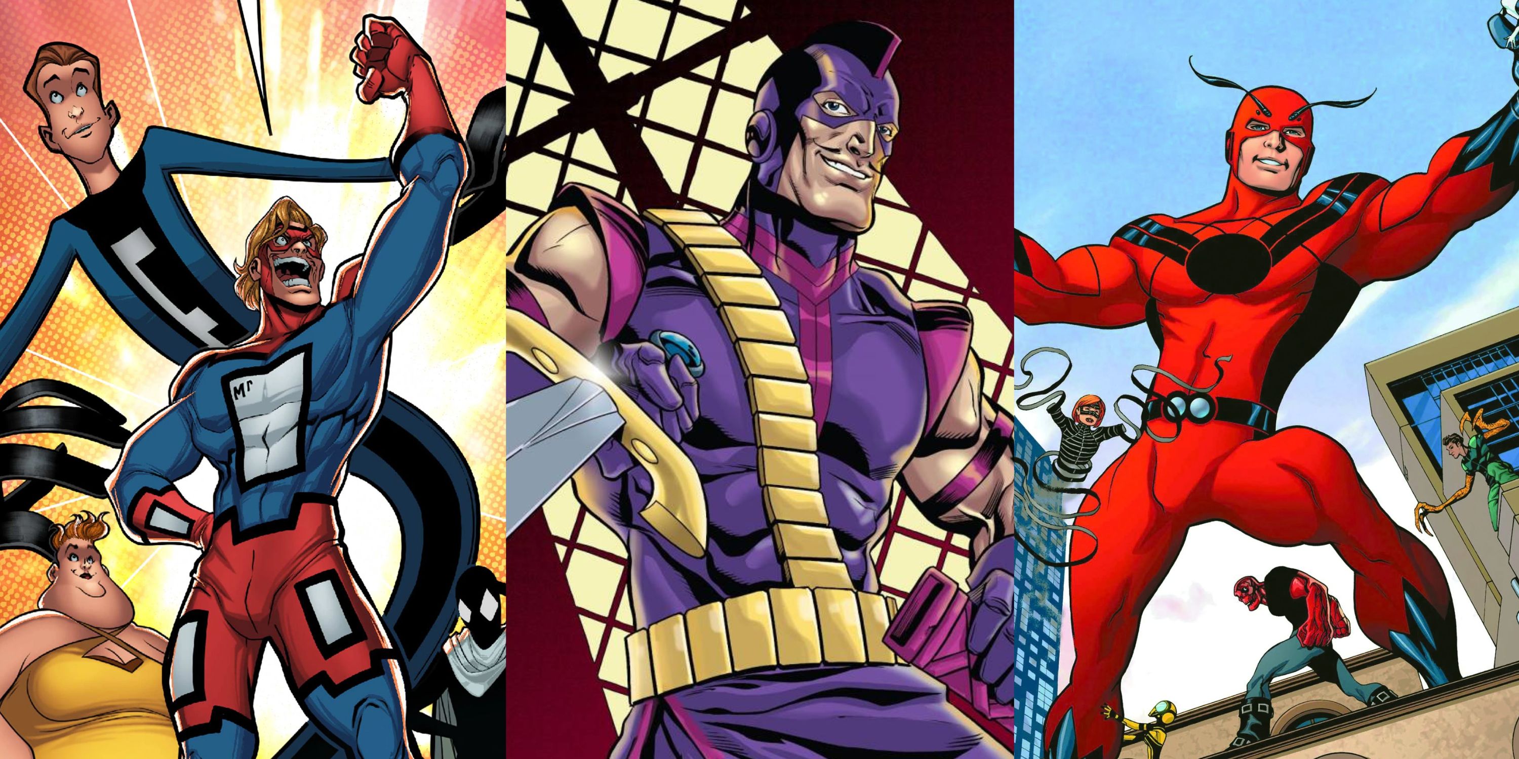Split image of Great Lakes Avengers, Swordsman and Giant Man in Marvel Comics