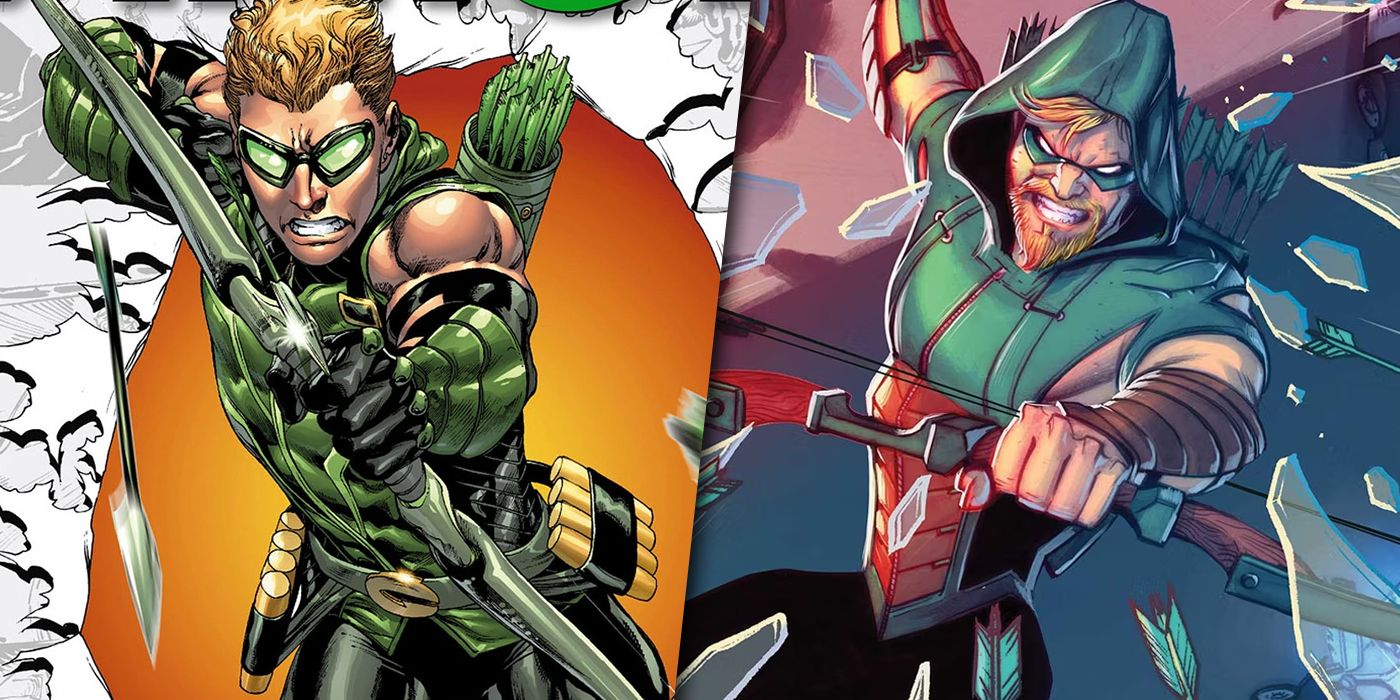 Split image of Green Arrow in his New 52 and Rebirth costumes