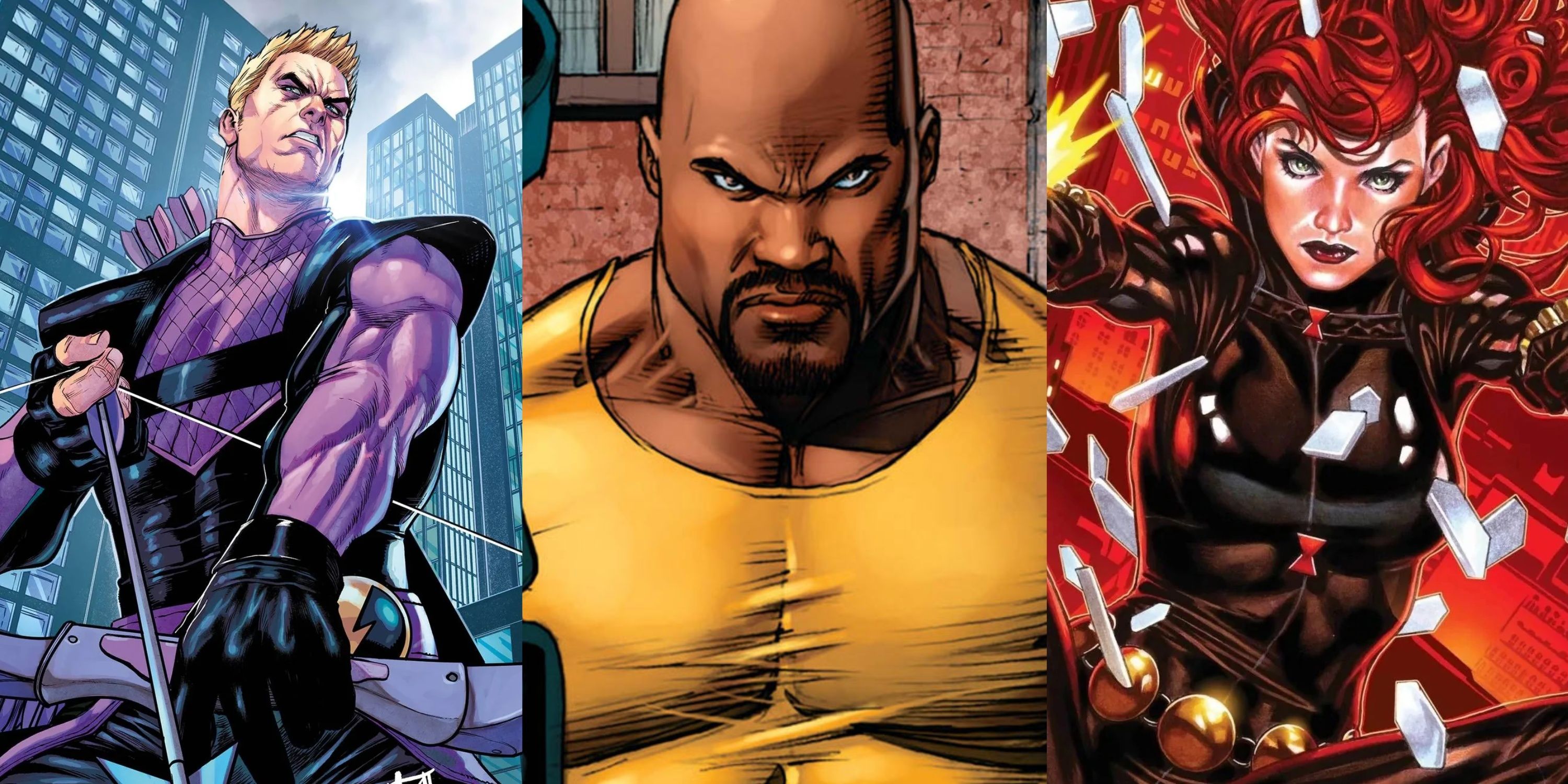 Split image of Hawkeye, Luke Cage and Black Widow in Marvel Comics
