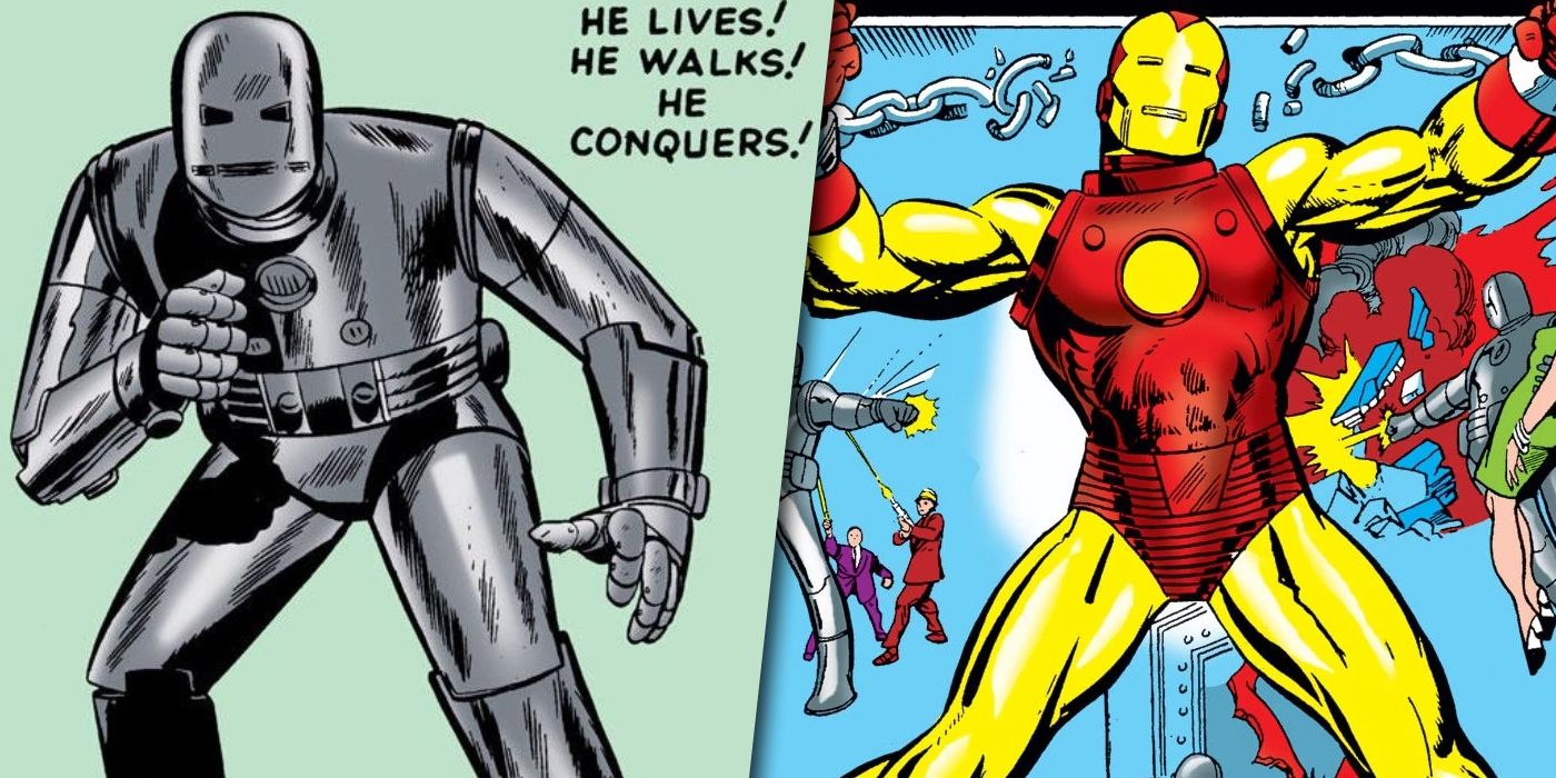 Split image of Iron Man in his original and redesigned costumes