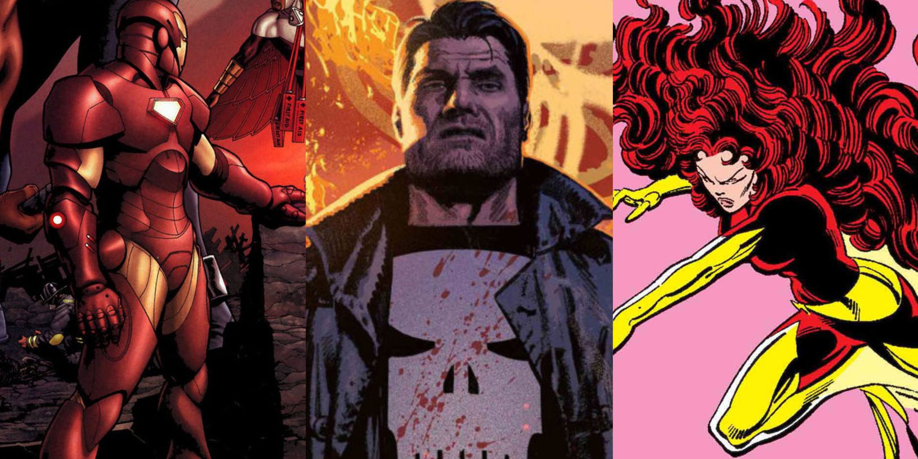 Split image of Iron Man, Punisher and Jean Grey as Dark Phoenix in Marvel Comics