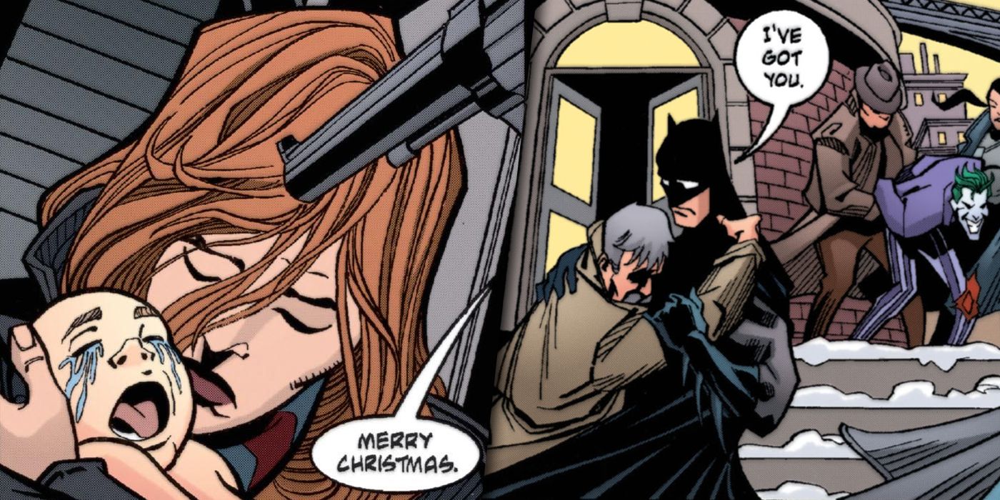 Split image of Joker aiming a gun at Sarah Essen and Commissioner Gordon collapsing in Batman's arms