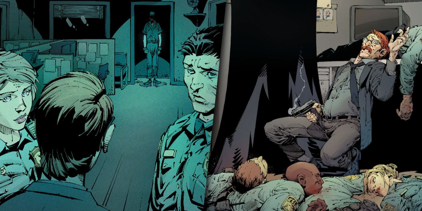 Split image of Joker attacking the GCPD and Gordon waking up to bodies