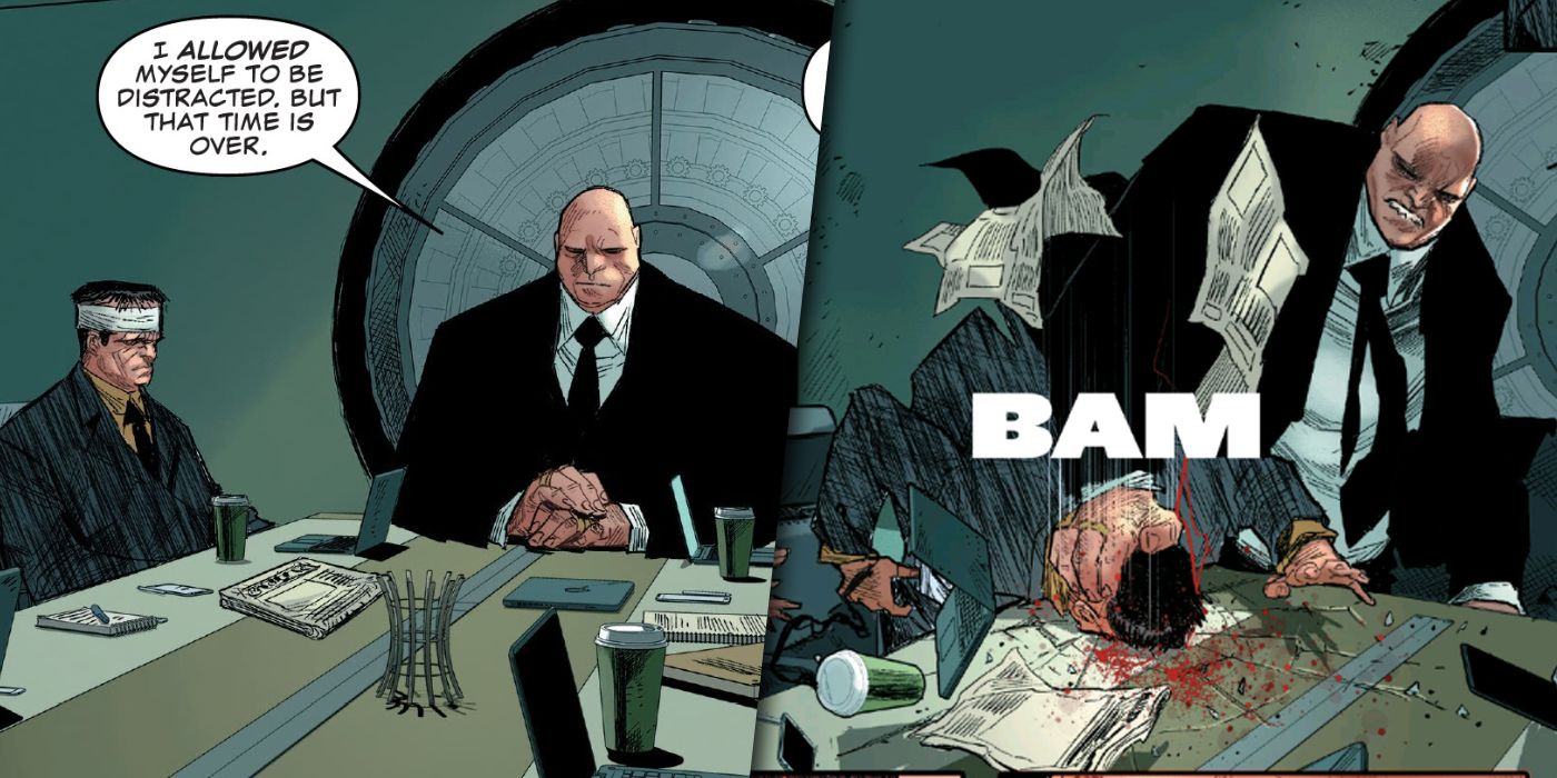 Split image of Kingpin and Hammerhead at a meeting and Kingpin beating Hammerhead's head on a table