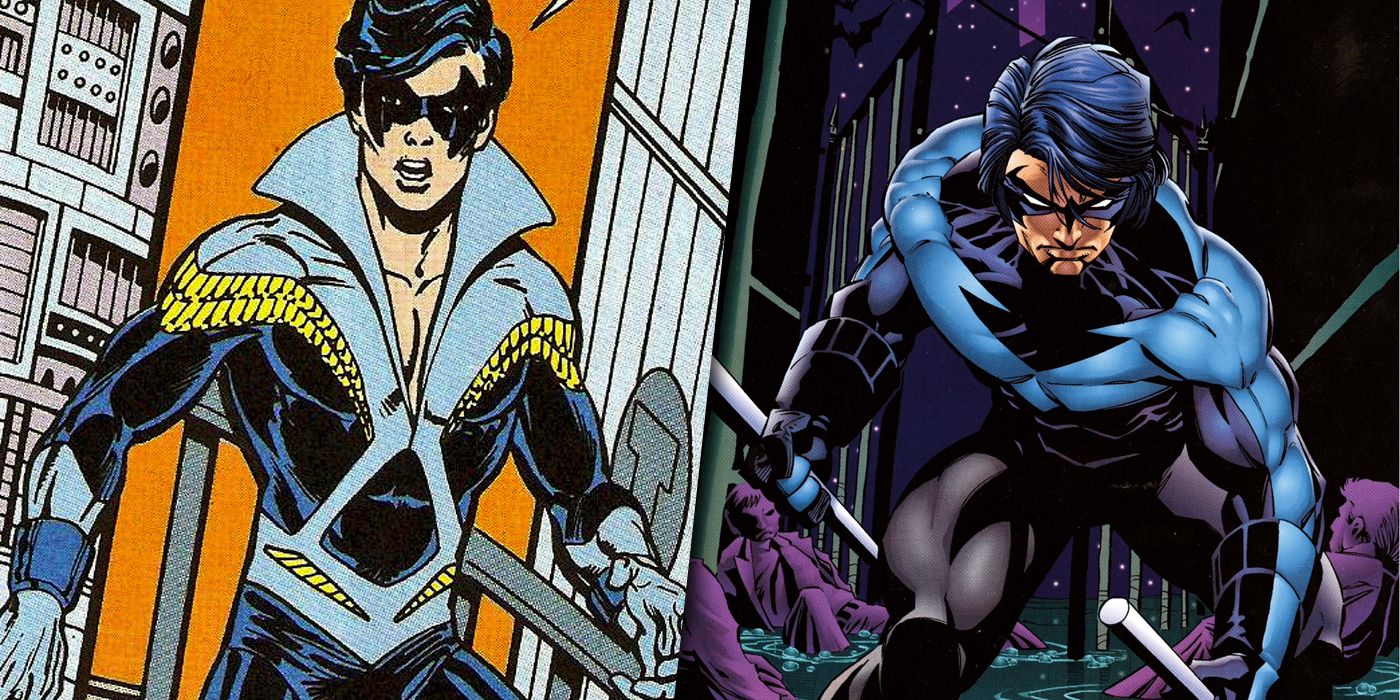 Split image of Nightwing in his classic and redesigned costumes
