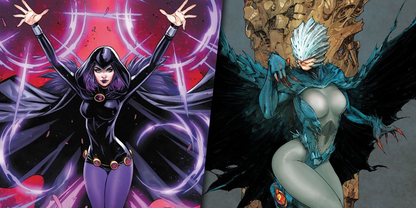 Split image of Raven in her original suit and her New 52 redesign