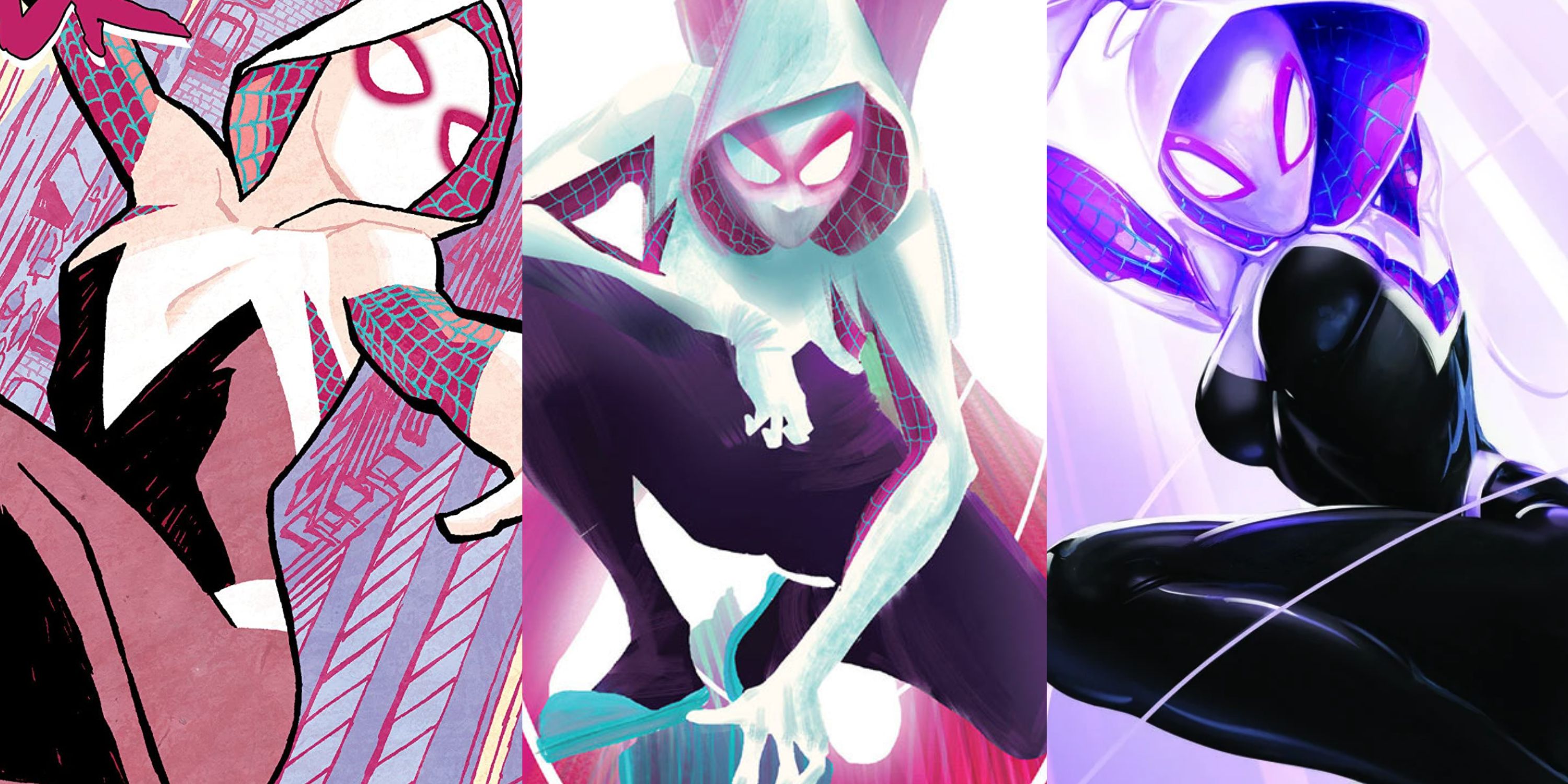 Split image of Spider-Gwen in various art styles in Marvel Comics