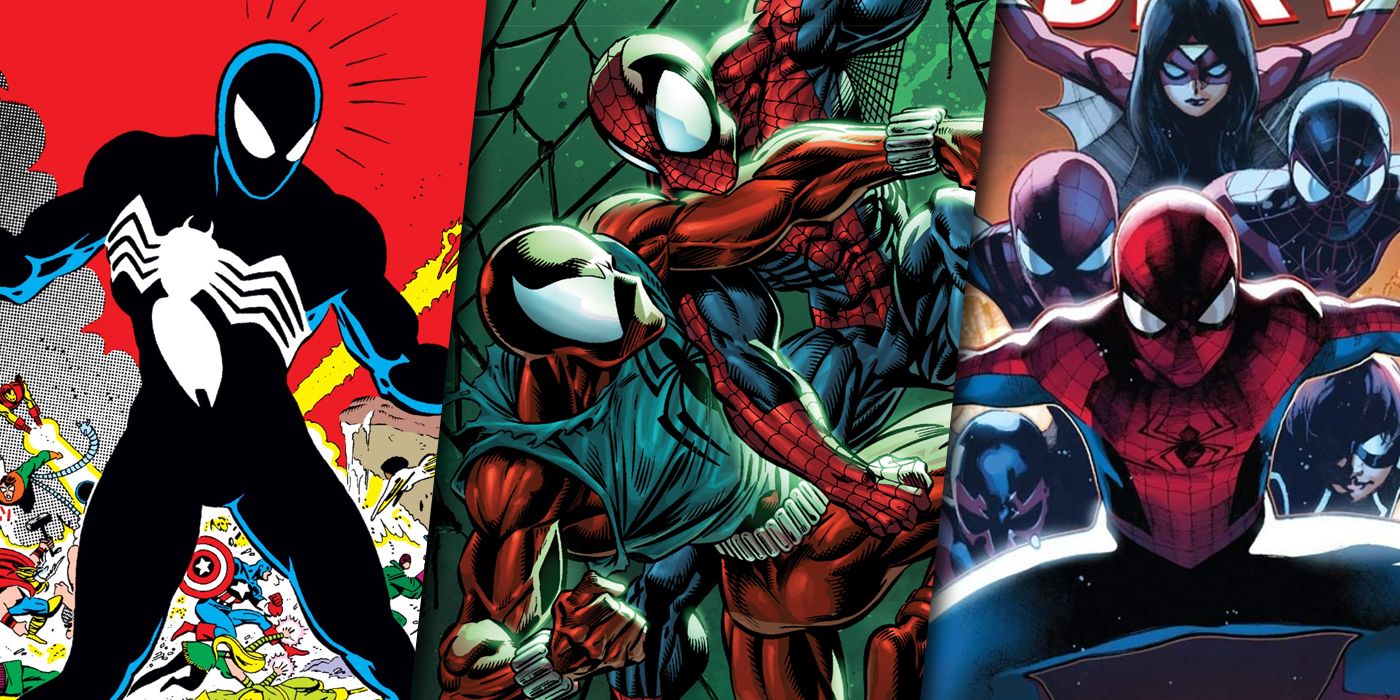 Split image of Spider-Man during the Secret Wars, Clone Saga, and the Spider-Verse events