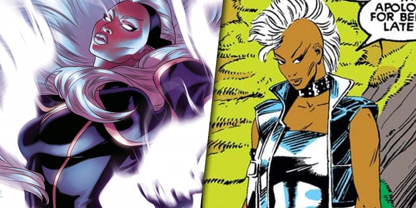 Split image of Storm in her original and redesigned costumes