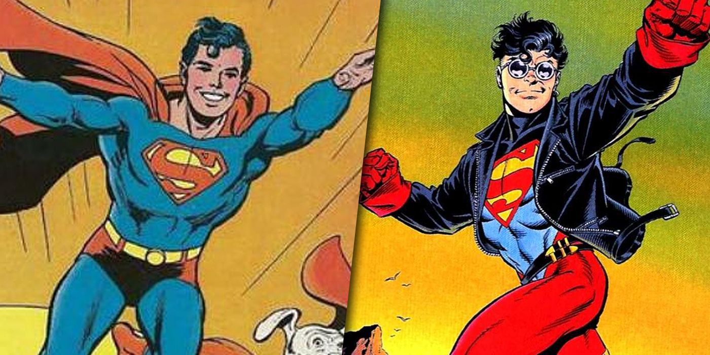 Split image of Superboy in his classic and redesigned costumes
