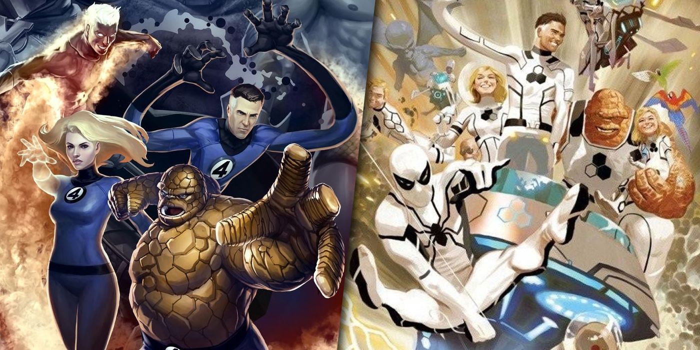 Split image of the Fantastic Four in their original and Future Foundation costumes