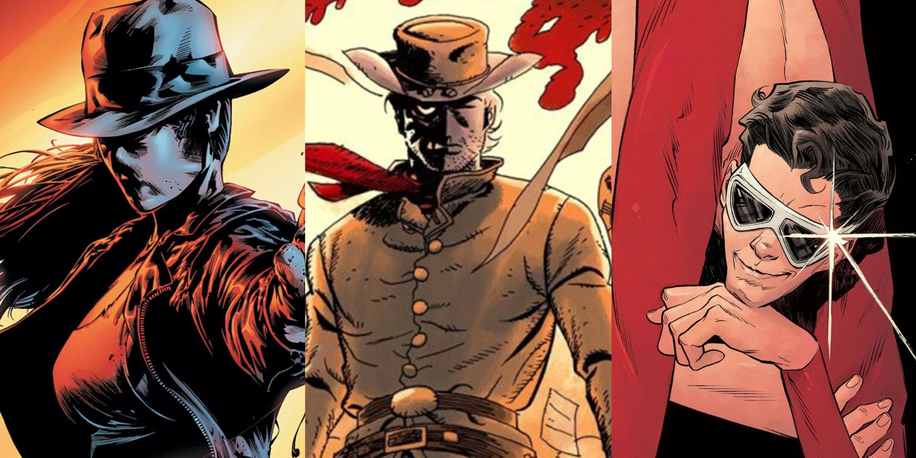 Split image of The Question, Jonah Hex and Plastic Man feature