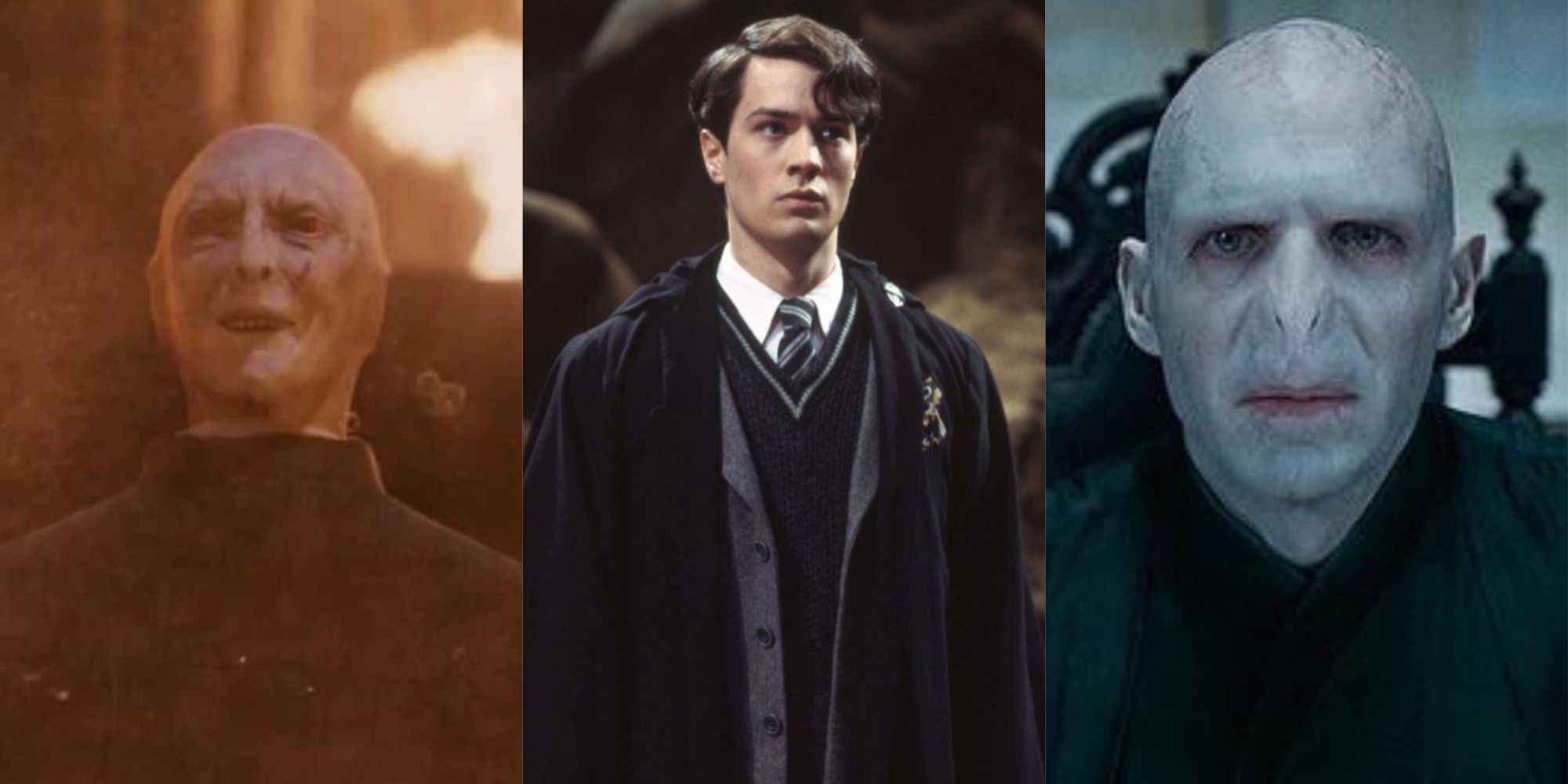 Split image of Voldemort on the back of Quirrell's head, a young Tom Riddle standing in uniform, and Voldemort sitting in a chair