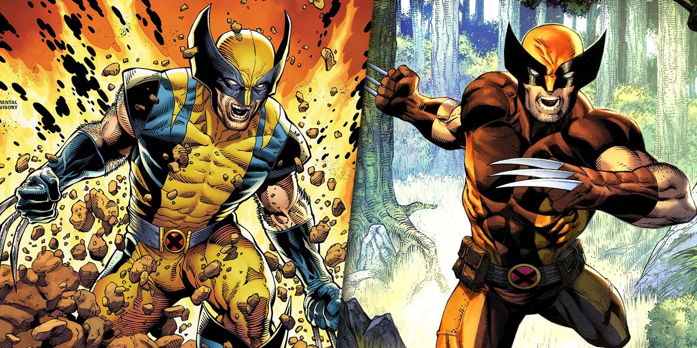 Split image of Wolverine in his original and redesigned costumes