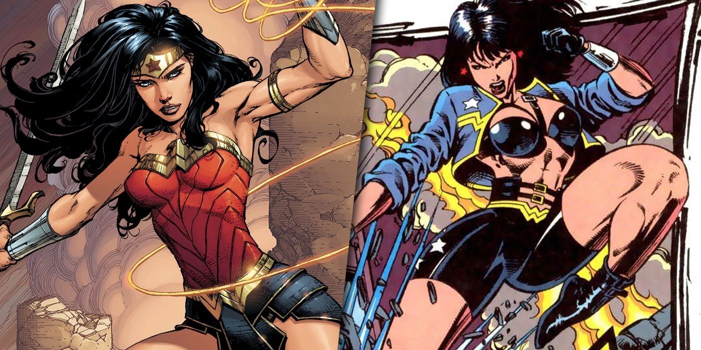 Split image of Wonder Woman in her original suit and her 90s redesign