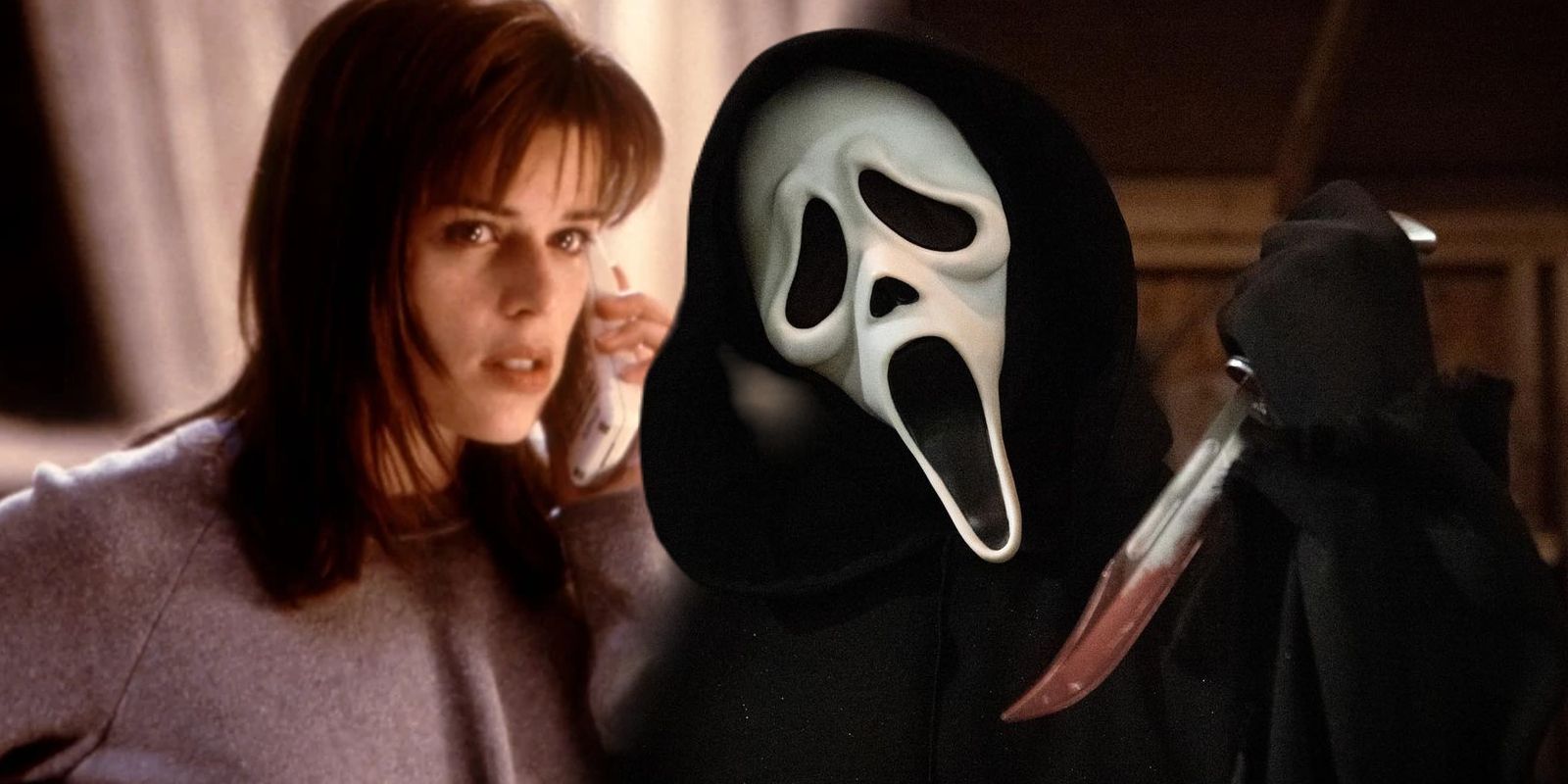 Split Image: Sidney Prescott (Neve Campbell) on phone in Scream, Ghostface brandishing a bloody knife