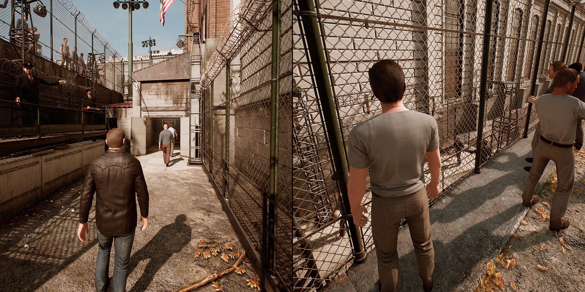 Vincent Moretti walks along a corridor while Leo Caruso looks at a fence in split-screen in A Way Out