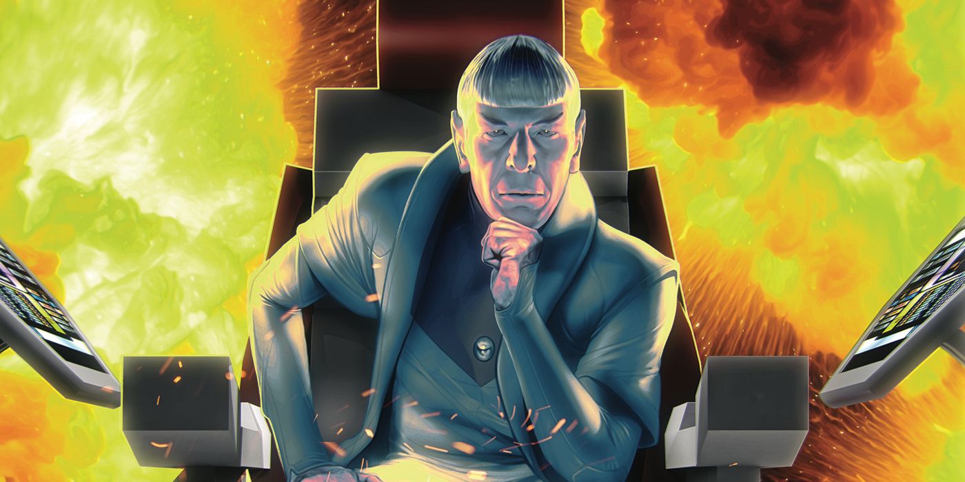 spock sits in front of a wall of flames on the cover of star trek defiant 3
